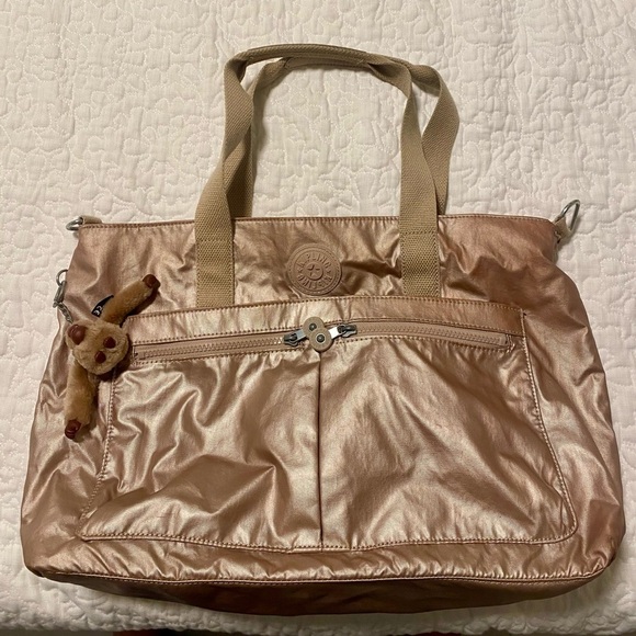 Kipling Rose Gold Metallic Tote Bag with Monkey Keychain - Picture 1 of 5